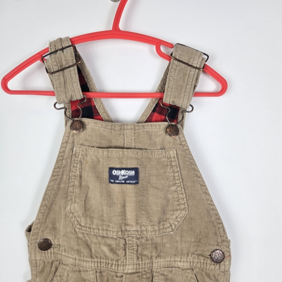 OshKosh B'gosh Kids 3T Overall Tan Corduroy Red Black Checkered Lined - Picture 2 of 6